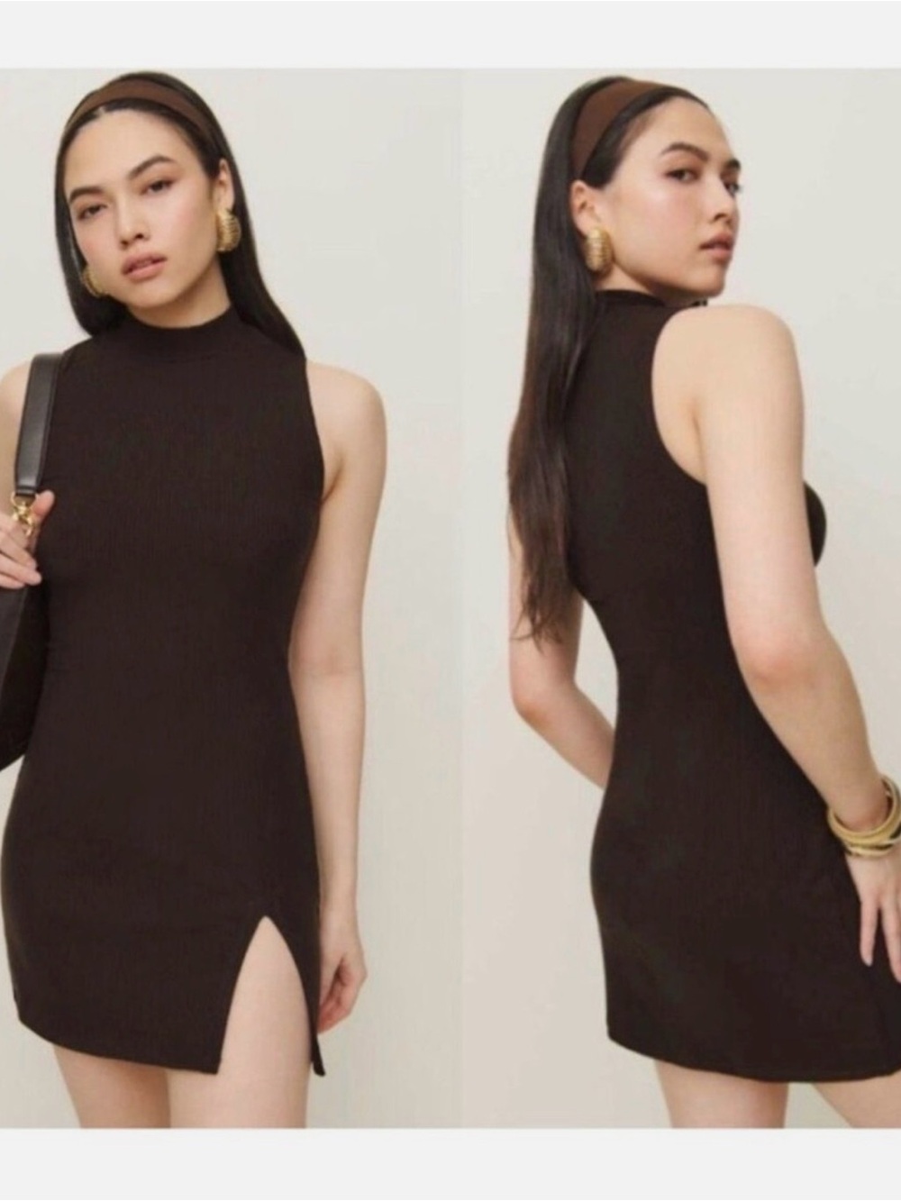 Reformation Black Sleeveless Mock Neck Mini Dress with Side Slit